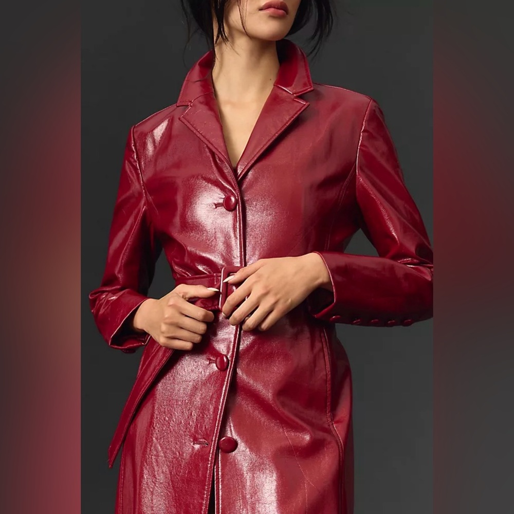 Avec les Filles women’s red faux patent leather trench.